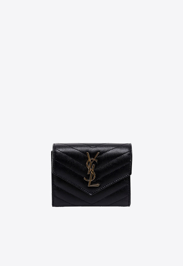 Saint Laurent Compact Cassandre Tri-Fold Wallet in Embossed Leather Black 403943BOW01_1000
