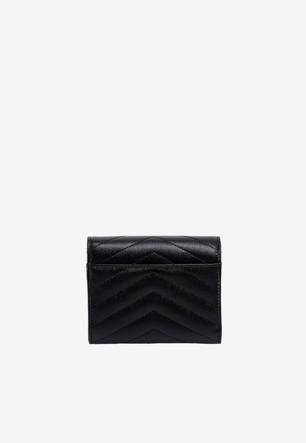 Saint Laurent Compact Cassandre Tri-Fold Wallet in Embossed Leather Black 403943BOW01_1000
