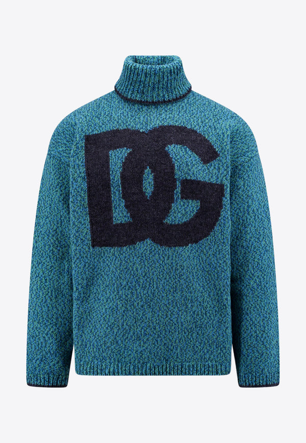 Dolce & Gabbana Intarsia Knit Turtleneck Logo Sweater Blue GXR18TJFMN1_S9001