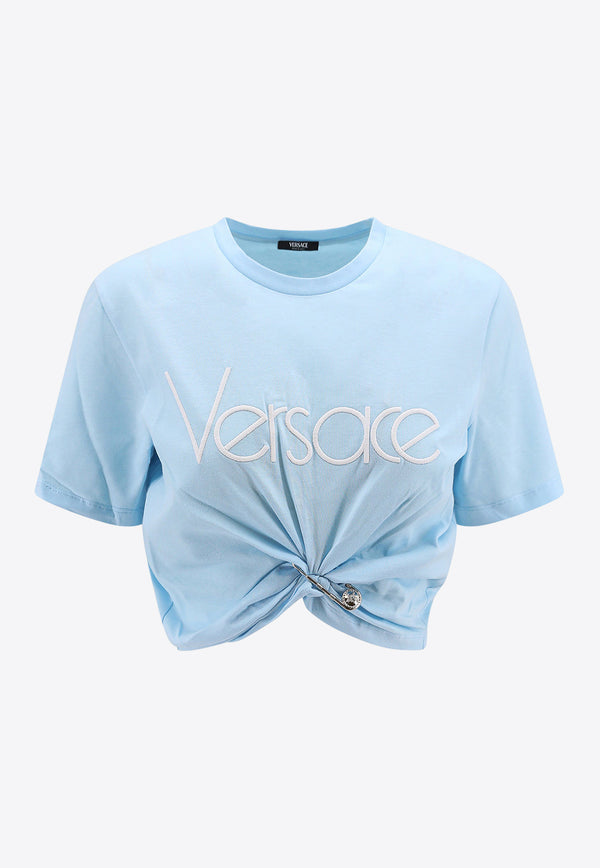 Versace Logo Embroidered Cropped T-shirt Light Blue 10142761A09120_2UQ80