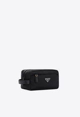 Triangle Logo Re-nylon and Saffiano Leather Pouch Bag