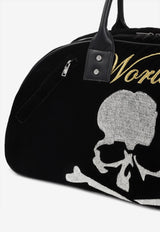 Skull Embroidered Velvet Duffle Bag
