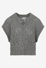 Cable Knit Sequined V-neck Top