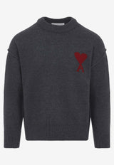 AMI PARIS Crewneck Sweater with Logo-Inlay Gray