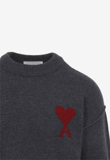 AMI PARIS Crewneck Sweater with Logo-Inlay Gray