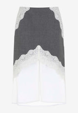 Lace-Inserted Midi Skirt in Wool