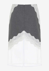 Lace-Inserted Midi Skirt in Wool
