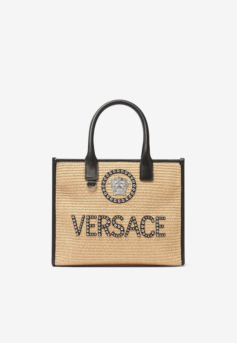 Versace Small La Medusa Studded Logo Tote Bag Beige 1005861 1A08263 2KA1P