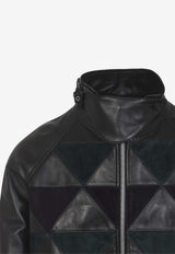 Geometric Jacquard Leather Bomber Jacket