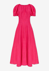 Balloon-Sleeved Midi Linen Dress