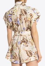 Floral Print Linen Cuffed Playsuit