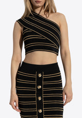 Balmain Striped One-Shoulder Cropped Top with Lurex Thread