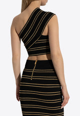 Balmain Striped One-Shoulder Cropped Top with Lurex Thread