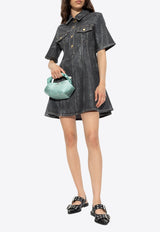 GANNI Shimmery Foil Flared Mini Denim Dress