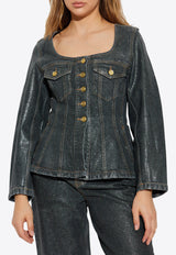 GANNI Shimmery Foil Peplum Denim Jacket
