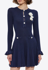 Self-Portrait Pointelle Knit Crochet Flower Mini Dress PF25-094S-BL 0-BLUE