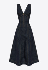 Self-Portrait V-neck Denim Flared Midi Dress PF25-801M-BL 0-BLUE