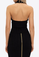 Balmain Cable Knit Cropped Halter Top Black FF1AB345 KI50-0PA
