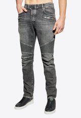 Balmain Logo Patch Slim Biker Jeans Gray FH1MG115 DF82-9AZ