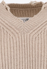 MM6 Maison Margiela Ribbed Knit Distressed Wool Sweater Beige SH0HN0003M13138806M_Beige_29842796