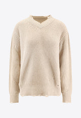 MM6 Maison Margiela Distressed V-neck Ribbed Sweater Beige S52HN0011M13138806M_Beige melange_29848512