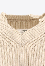 MM6 Maison Margiela Distressed V-neck Ribbed Sweater Beige S52HN0011M13138806M_Beige melange_29848512