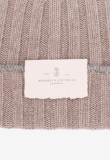 Brunello Cucinelli Logo Patch Ribbed Beanie Beige M2240900CYN11_CORTECCIA GRIGIO CHIARO_30005285