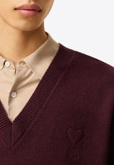 AMI PARIS Ami De Coeur V-neck Wool Sweater Burgundy UKS820KN0071_692