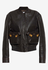 Ferragamo Cropped Leather Bomber Jacket Brown 13H644 B 788386-EXPRESSO