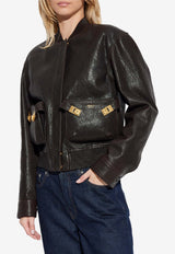Ferragamo Cropped Leather Bomber Jacket Brown 13H644 B 788386-EXPRESSO