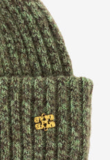 GANNI Knitted Wool Logo Beanie Green A7097 5957-753