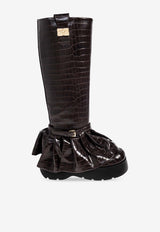 GANNI Croc-Embossed Leather Knee-High Platform Boots Brown S3225 5971-890