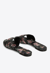 Floral-Print Leather Flat Sandals