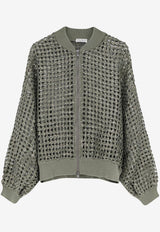 Brunello Cucinelli Dazzling Net Embroidery Silk-Blend Bomber Jacket Green MCBR11806C3066_EUCALYPTUS_40000222