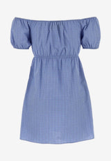 Miu Miu Off-Shoulder Grid Check Mini Dress Blue MF6225SOOO183A_F0076
