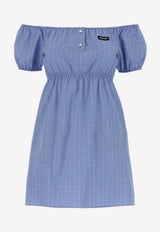 Miu Miu Off-Shoulder Grid Check Mini Dress Blue MF6225SOOO183A_F0076