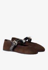 Miu Miu Suede Ballet Flats with Buckled-Strap Dark Brown 5F625EF005008_F0003