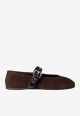 Miu Miu Suede Ballet Flats with Buckled-Strap Dark Brown 5F625EF005008_F0003