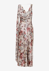 Draped Floral-Print Midi Dress