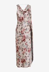 Draped Floral-Print Midi Dress