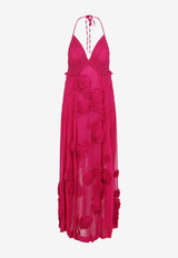 Drina Gathered Floral Applique Midi Dress