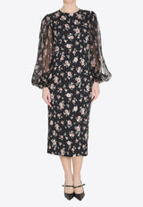 Dolce & Gabbana Vintage Rose Print Charmeuse Midi Dress Black F611DT-FSA8C-HN5XQ