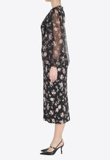 Dolce & Gabbana Vintage Rose Print Charmeuse Midi Dress Black F611DT-FSA8C-HN5XQ