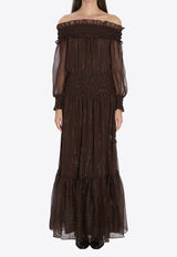 Self-Portrait Off-Shoulder Georgette Maxi Dress Brown RS26156XA--BROWN