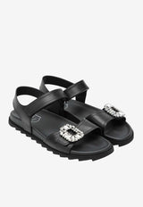 Roger Vivier Crystal Buckle Leather Rubber Slides Black RVW4584469091T/S_ROGVI-B999