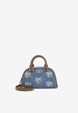 Mini Floral Embroidered VLogo Denim Handbag