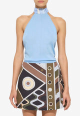 Pucci Silk-Collar Knit Halter Top Light Blue 6HKM72 6H950 I03