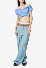 Miu Miu Off-Shoulder Poplin Cropped Top Light Blue MT2188SOOO183A_F0076