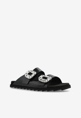 Roger Vivier Slidy Viv' Crystal Buckle Leather Slides Black RVW45818820BSS 0-B999