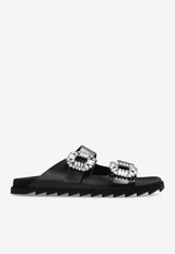 Roger Vivier Slidy Viv' Crystal Buckle Leather Slides Black RVW45818820BSS 0-B999
